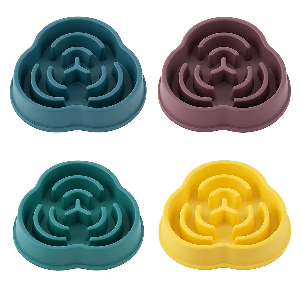 Set of slow feeder dog bowls in four colors: blue, purple, green, and yellow