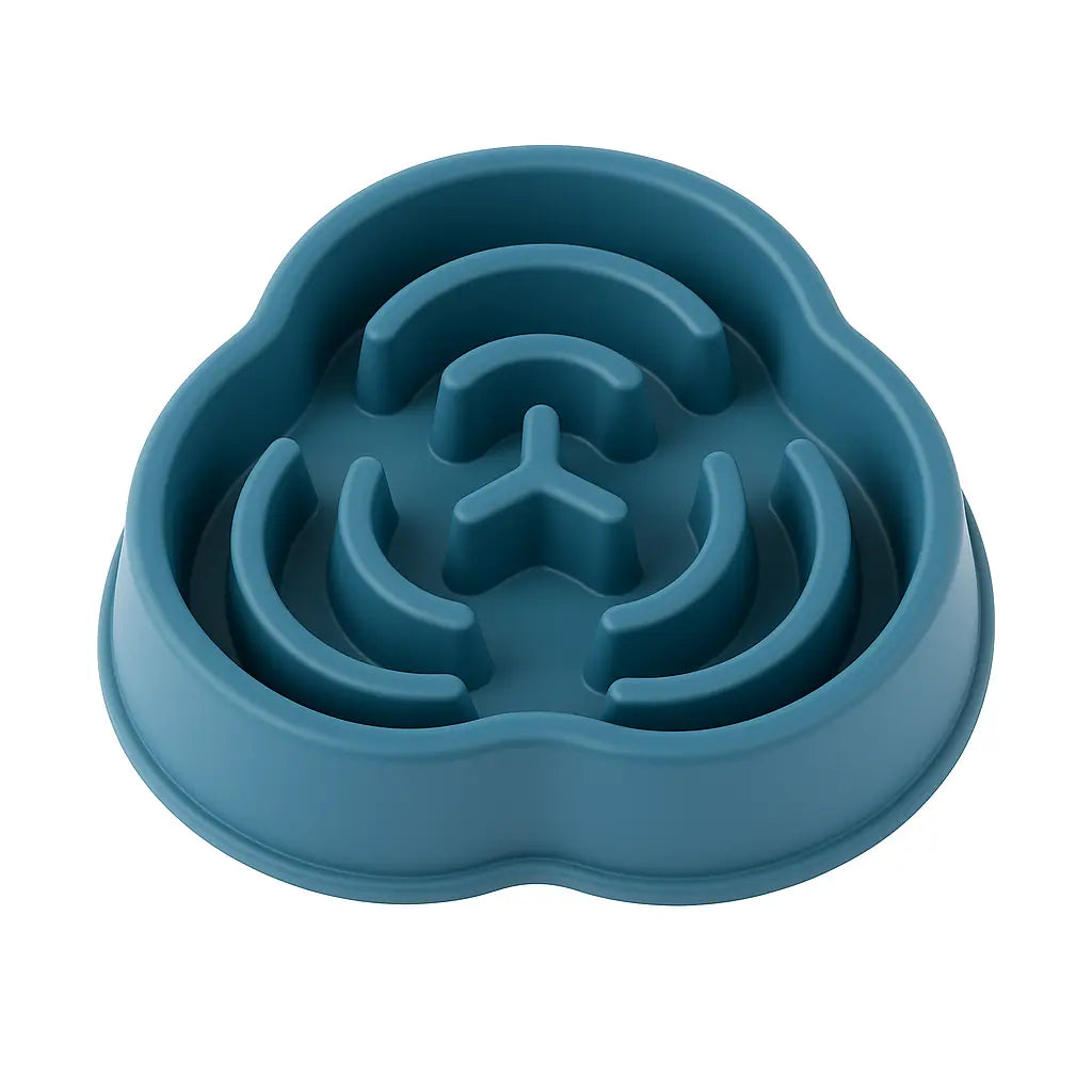 Blue slow feeder dog bowl with raised maze design for healthy eating