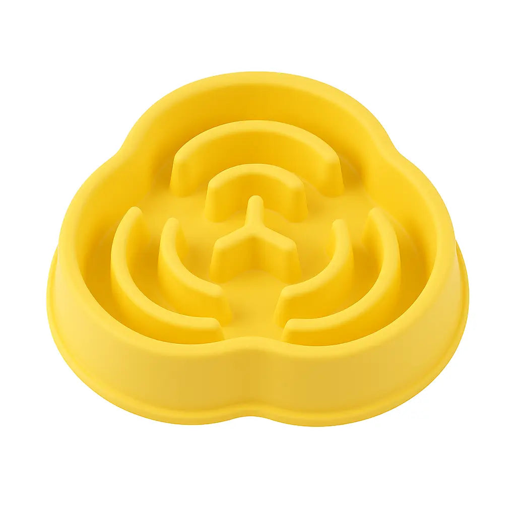 Yellow dog bowl with slow feeding maze to prevent choking and overeating