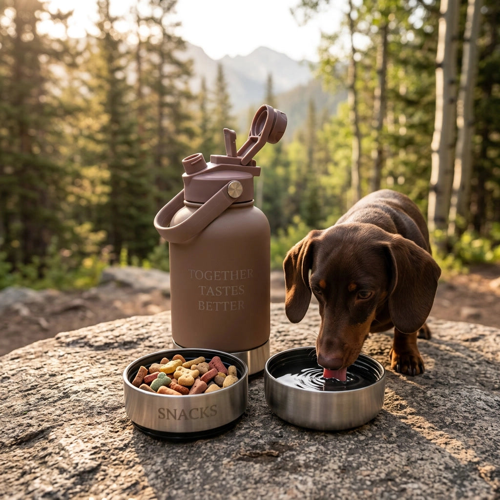 Dog drinking water from a bowl next to a water bottle and food container in a forest setting