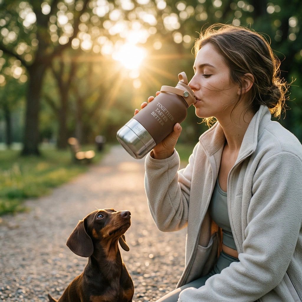 Woman drinking from a water bottle with a dog sitting next to her in a park.