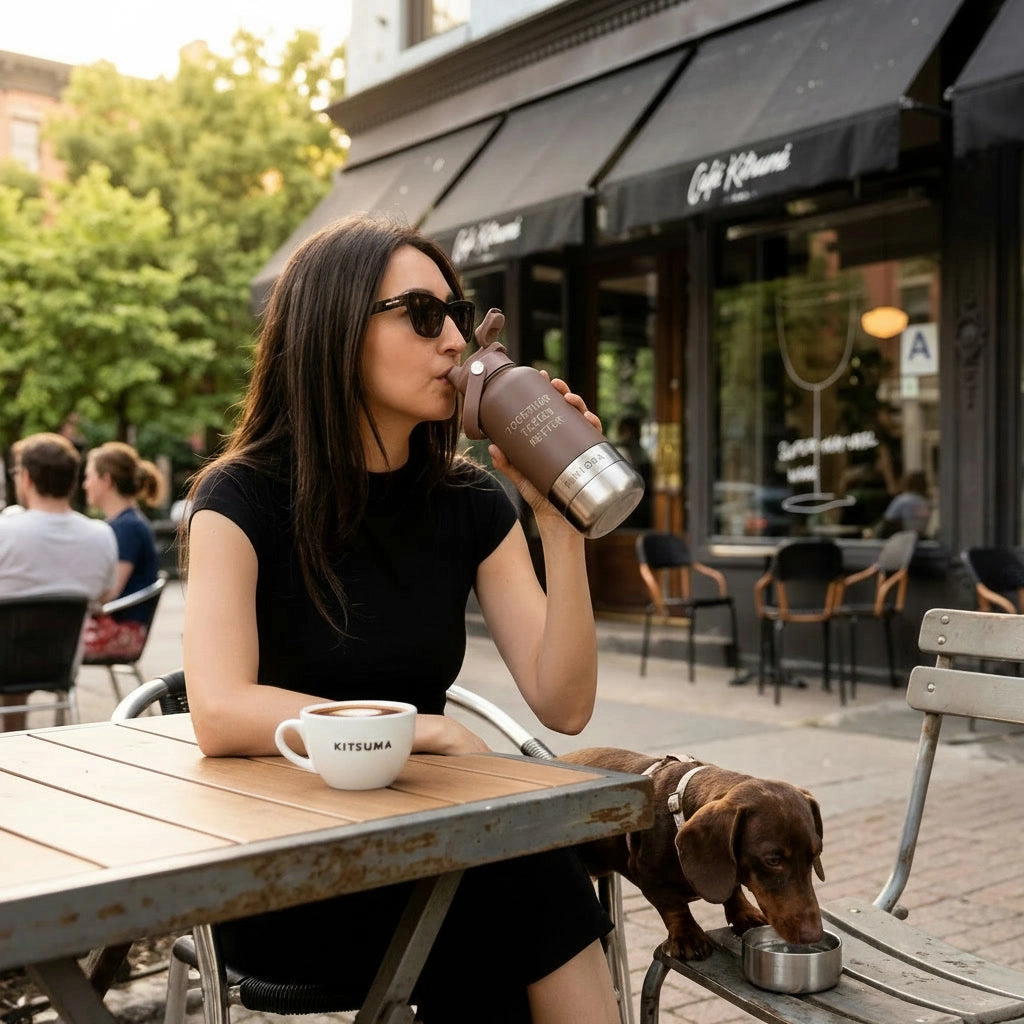 Woman drinking from a reusable water bottle at an outdoor cafe with a dog beside her.