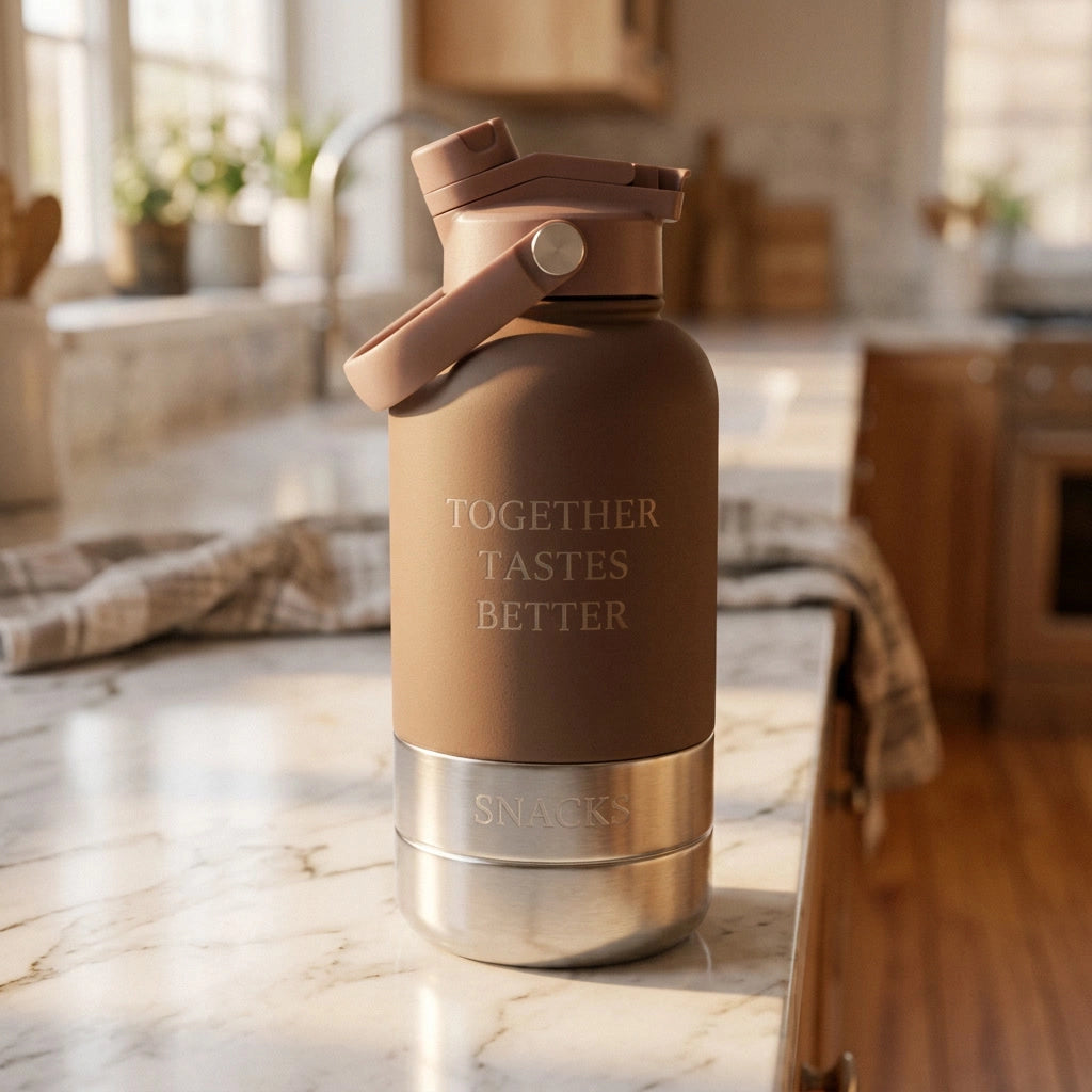 Brown insulated water bottle with 'Together Tastes Better' text on a kitchen counter.