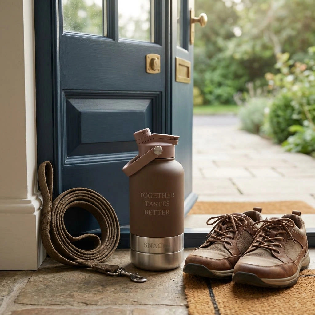 Brown water bottle with 'Together Tastes Better' text, leather shoes, and dog leash on a doormat outside a blue door.