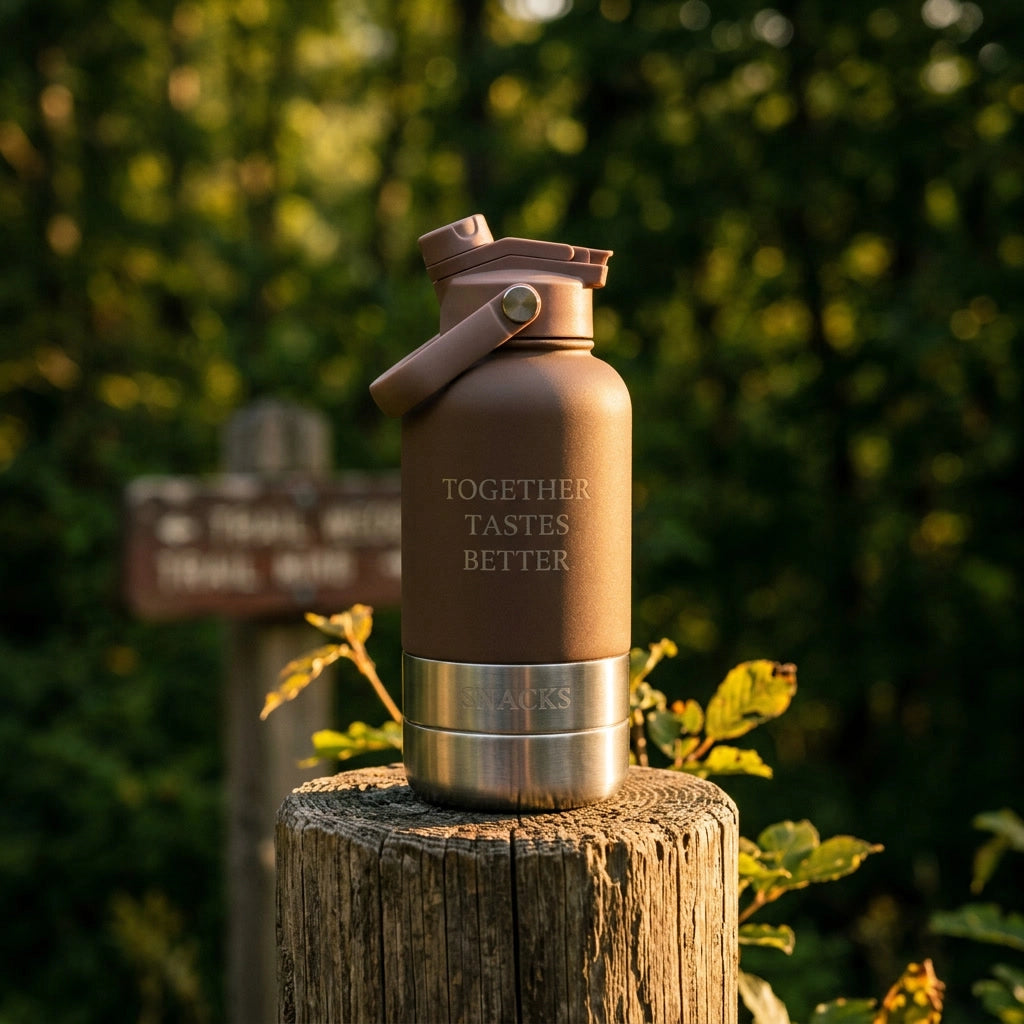 Brown and silver water bottle with 'Together Tastes Better' text on a wooden post with a blurred natural background