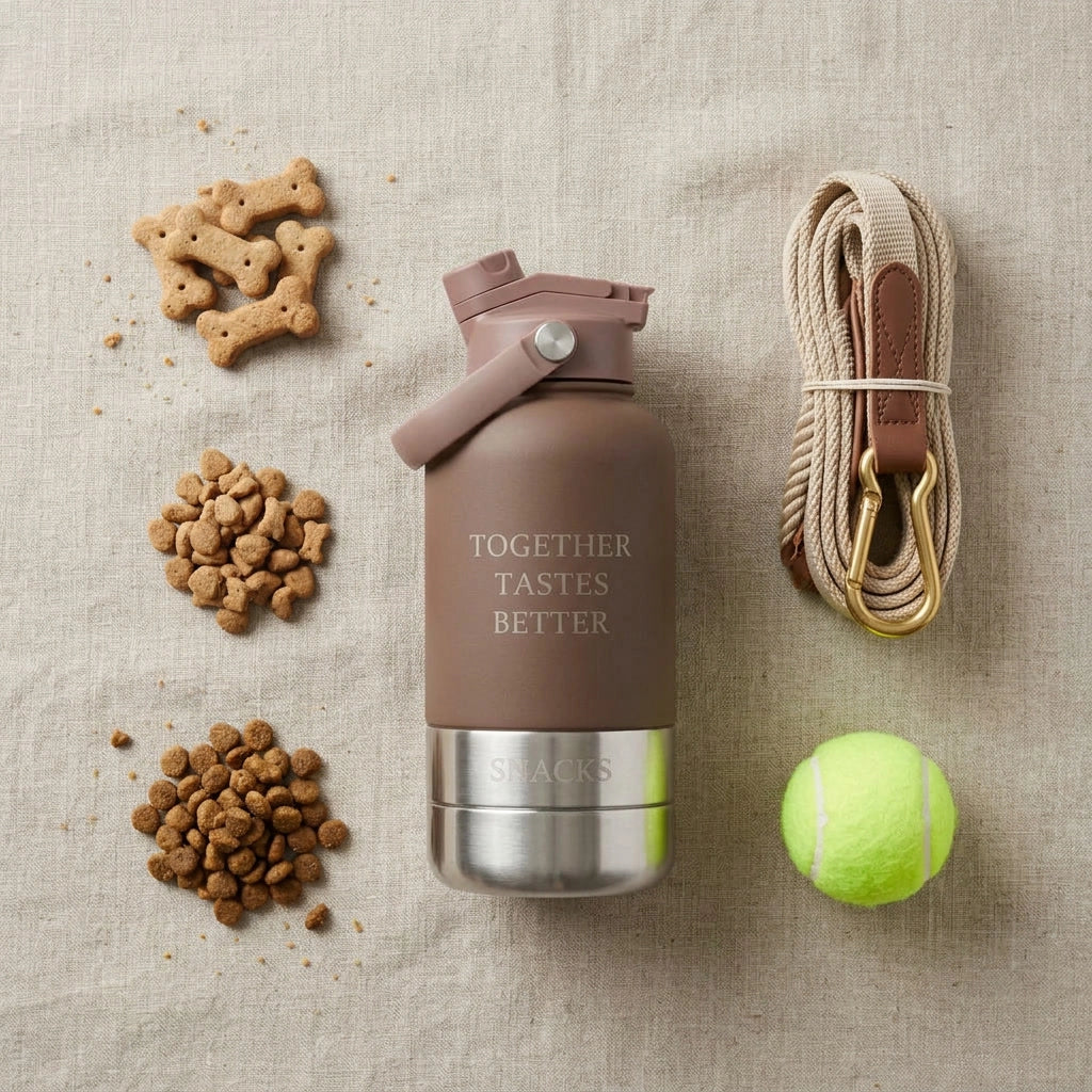 Dog treat container with dog food, treats, leash, and tennis ball on a textured surface