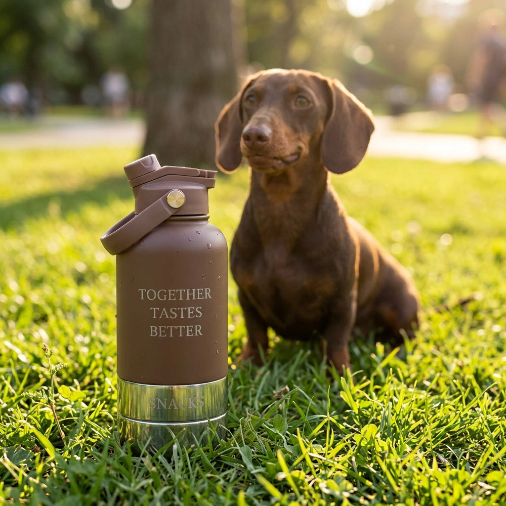 Brown water bottle with 'Together Tastes Better' text next to a dog on grass
