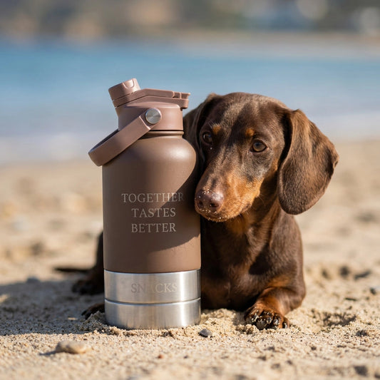 Dog sitting on a beach next to a brown water bottle with 'Together Tastes Better' text.