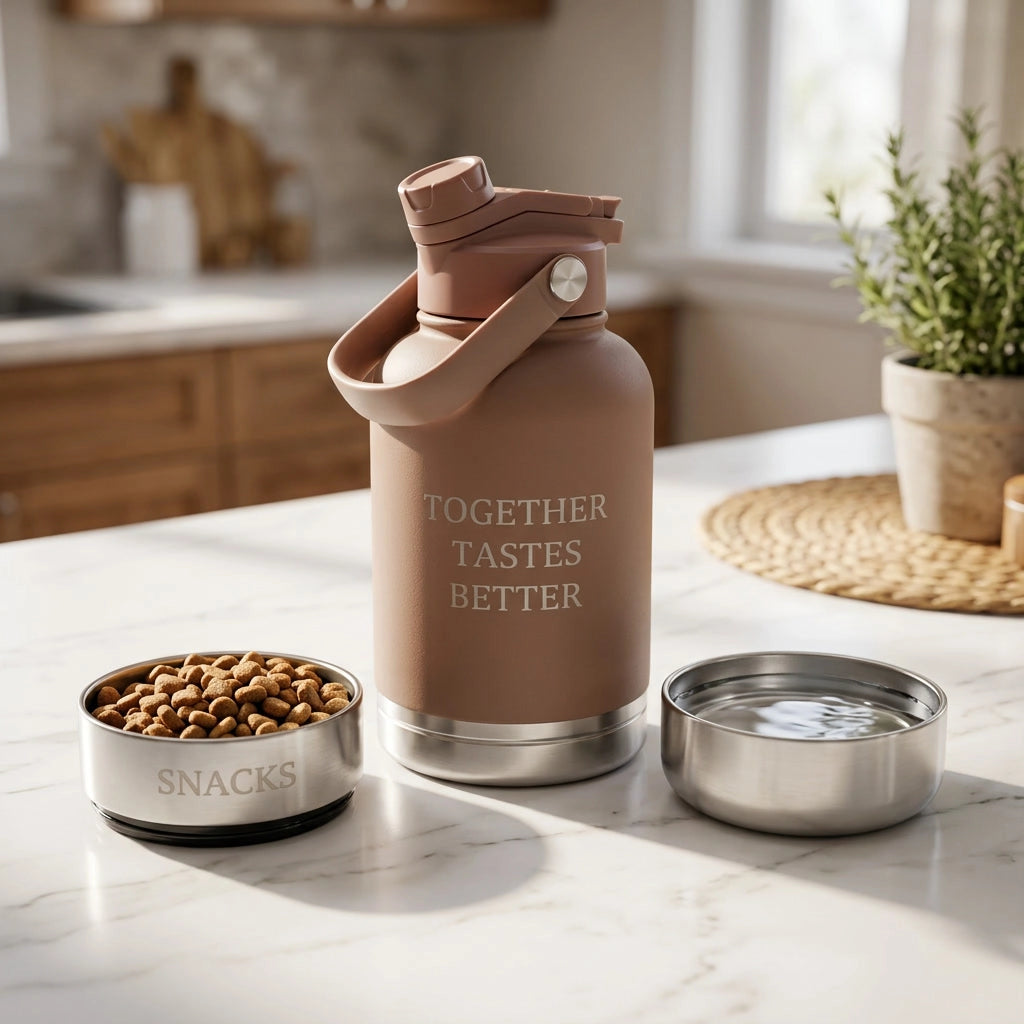 Brown insulated water bottle with 'Together tastes better' text, pet food bowl, and water container on a kitchen counter.