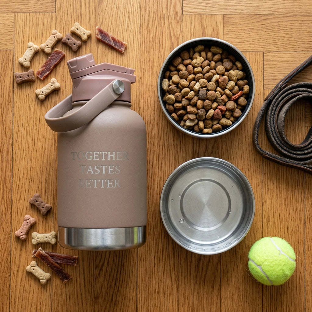 Pet accessories including a pink water bottle, bowl of dog food, dog treats, and a tennis ball on a wooden surface.