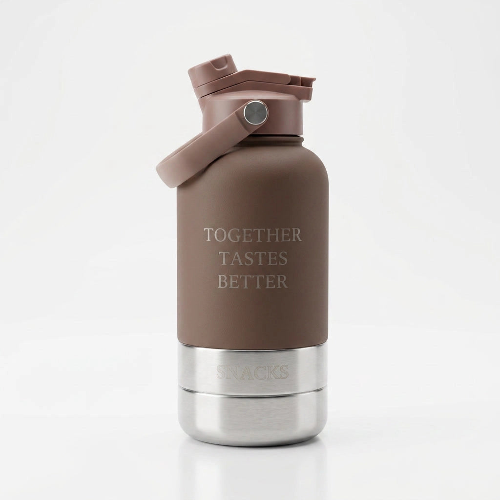 Brown insulated bottle with 'Together Tastes Better' text on a white background