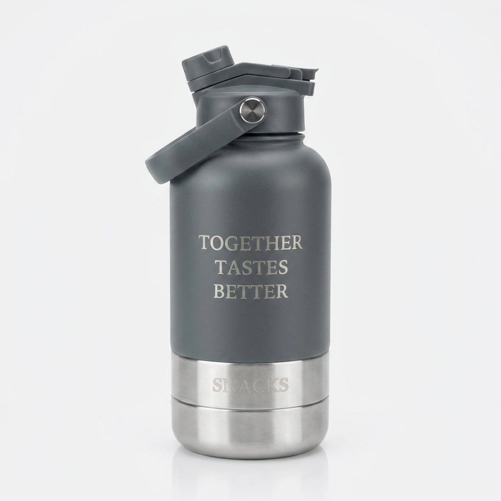 Gray insulated water bottle with 'Together Tastes Better' text on a white background