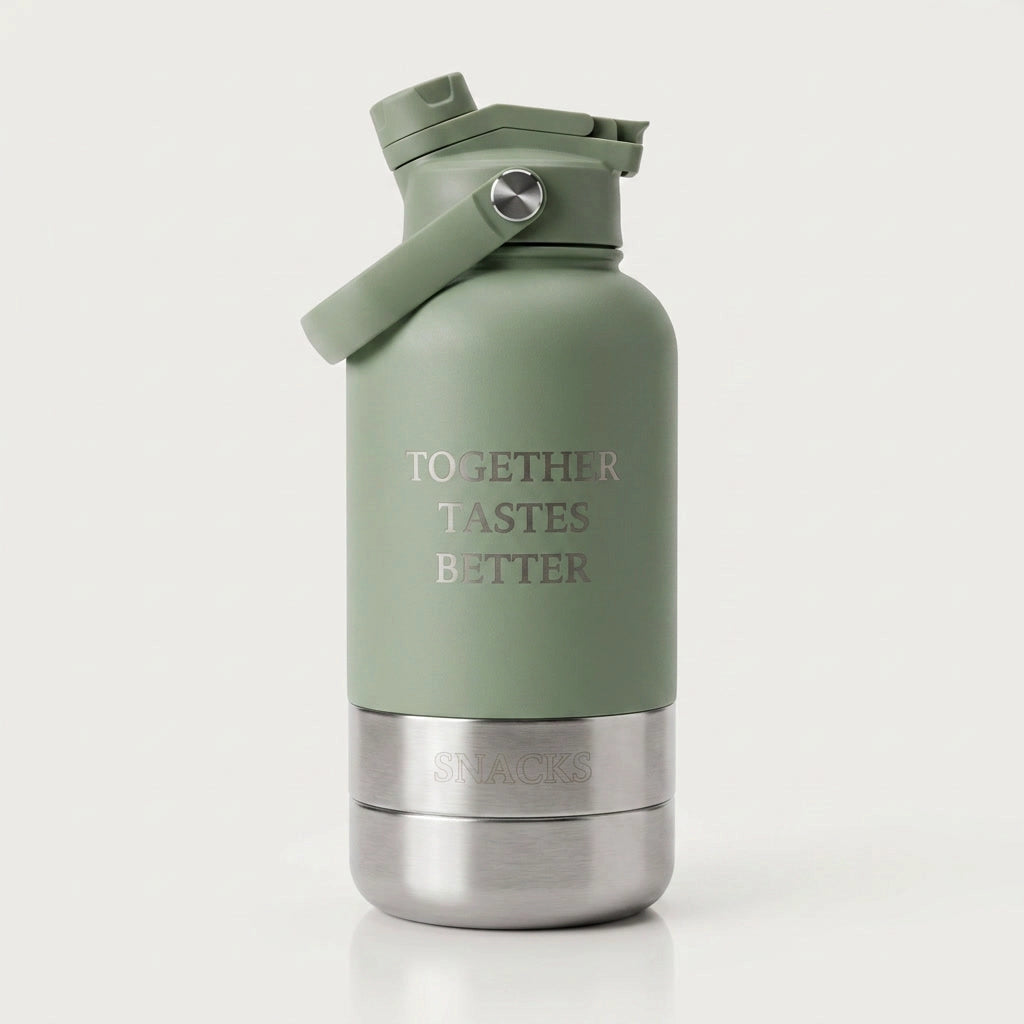Green insulated bottle with 'Together Tastes Better' text on a white background