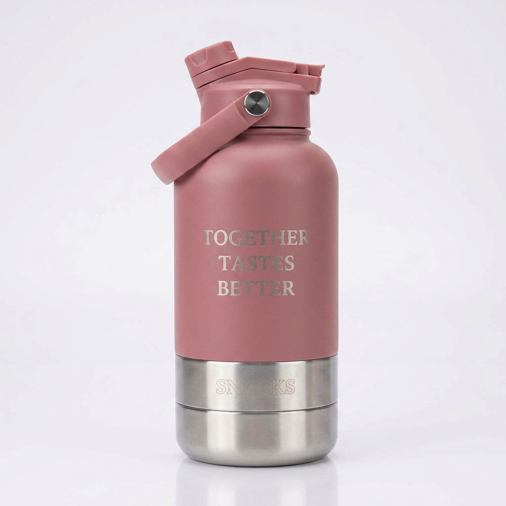 Pink water bottle with 'Together Tastes Better' text on a white background