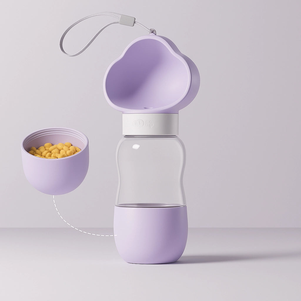 A purple portable pet water bottle with a detachable food compartment and a built-in drinking bowl