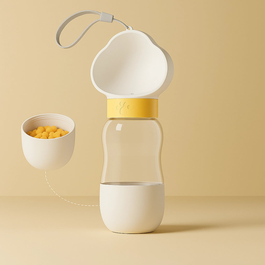 Portable dog water bottle with detachable white feeding cup and cloud-shaped drinking bowl, displayed on a beige background