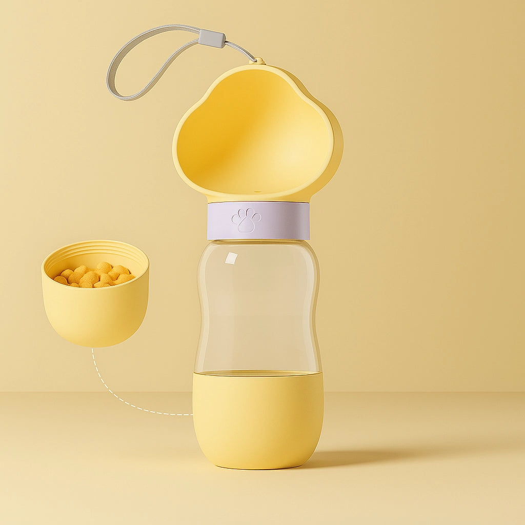 A yellow portable pet water bottle with a detachable food compartment and a built-in drinking bowl